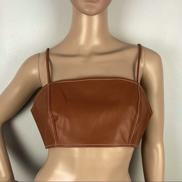 NEW STAUD BROWN FAUX LEATHER BANDEAU CROP TOP - Picture 2 of 8